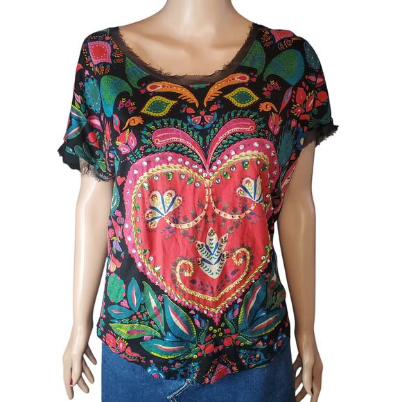 Desigual Tops - Desigual Embellished Heart Graphic Tee Black Boho Festival Top M
